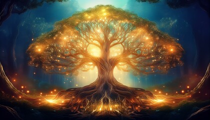 Wall Mural - magical tree of life with glowing roots radiating golden light is spreading its branches in a fantas