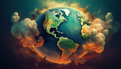 Wall Mural - illustration of planet earth surrounded by a dense cloud of toxic smoke highlighting the devastating