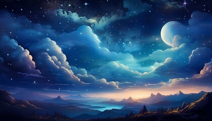 Wall Mural - starry night sky with clouds illuminated by moonlight night stars clouds moonlight peaceful serene t