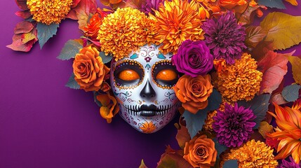 3D model of dia de los muertos festive mask with dahlias, roses and orange marigolds on a vibrant bold purple background