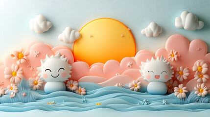 Wall Mural - Cute cartoon sun characters in a pastel landscape with flowers and clouds at sunset.