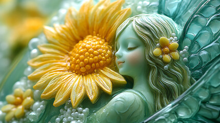 Close-up of a serene fairy figurine nestled against a sunflower, crafted with intricate detail and pastel hues.