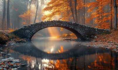 Wall Mural - Stone arch bridge, autumn forest, sunlit stream.