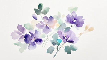 Wall Mural - Beautiful watercolor painting of purple flowers with green leaves on a light background