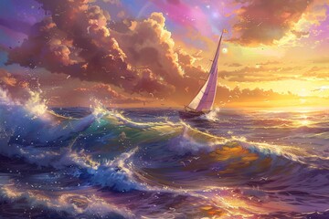 Wall Mural - Sailboat navigating a vibrant ocean at sunset.  The warm colors of the sky reflect on the water's surface, creating a serene and magical atmosphere.