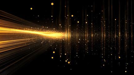 Poster - Gold line light with glitter glow abstract effect. Golden vertical flare with neon beam sparkle and particle burst vector bg. Laser string on black background. Shiny fiber data or sound banner design
