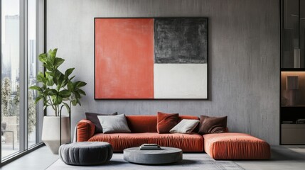 Stylish modern living room featuring a bold abstract painting and cozy furniture