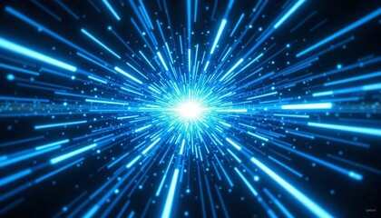 Fototapete - Luminous blue explosion of light beams radiating from the center in modern digital art