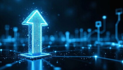 Fototapete - Glowing upward arrow in a futuristic digital interface with blue light effects