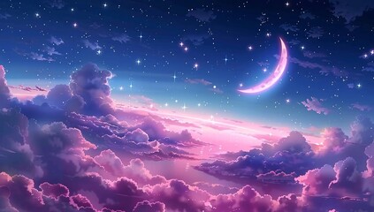 Wall Mural - Dreamy pink and purple cloudscape at night, illuminated by a crescent moon and twinkling stars. Serene and magical atmosphere.