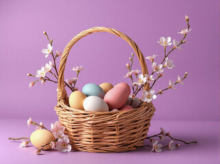 Wall Mural - Colored easter eggs in a wicker basket on a purple background. Close-up.