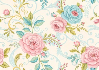  Seamless Rococo Revival pattern featuring blooming pink and blue roses, intricate golden swirls, and pastel green leaves. Ideal for wallpapers, textiles, and romantic interior designs. Trend 2025.
