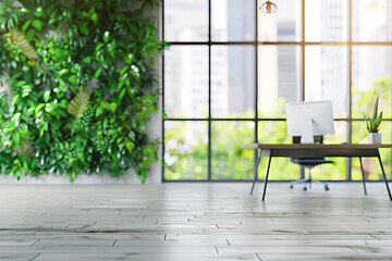 Poster - modern office with a green wall and city view.