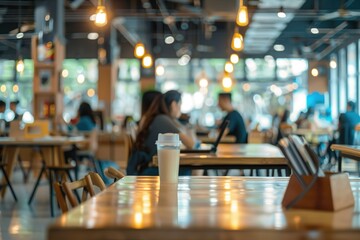 Poster - A single beverage sits on a table in a busy cafe.