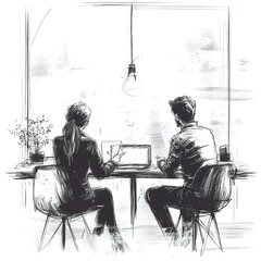Poster - Two colleagues collaborate on a laptop at a cafe.