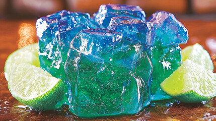 Poster - Colorful gelatin cubes topped with lime slices, displayed on a wooden surface, creating a refreshing and vibrant dessert scene.