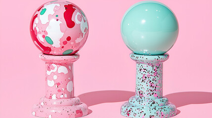 Sticker - Colorful decorative spheres on pedestals against a pink background, showcasing playful patterns and vibrant colors.