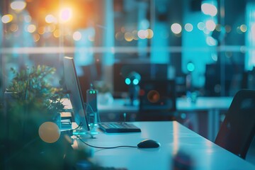 Poster - Modern office workspace at night, illuminated by city lights.