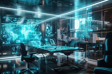 Poster - Futuristic tech office with holographic displays and advanced equipment.