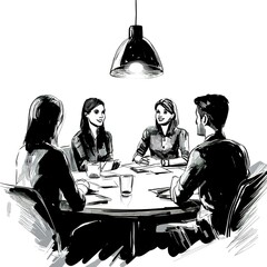 Poster - Business team meeting around a table, collaborating on project.
