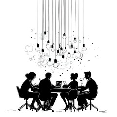 Poster - Team brainstorming under hanging lights