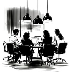 Poster - Teamwork: Colleagues collaborating around a table, working on laptops.