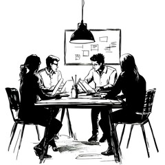 Poster - Teamwork: A group collaborates around a table, focused on their laptops.