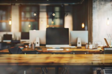 Poster - Empty wooden desk in a modern office space. Ideal for product display or showcasing workspace.