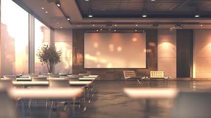 Poster - modern conference room with city view, ready for a presentation.