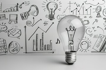 Poster - Lightbulb idea with growth charts and business sketches.