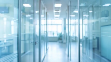 Poster - modern office hallway with glass partitions and bright lighting.