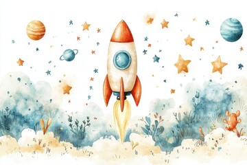 Wall Mural - cute rocket soaring through a whimsical starry sky