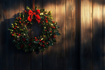 Christmas wreath with red bow on wooden background