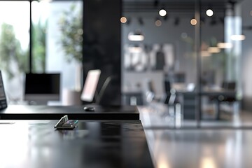 Poster - Modern office workspace with sleek desks and blurred background.