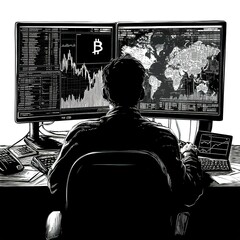 Poster - Person monitoring global market trends on multiple screens.