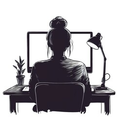 Poster - Woman working at desk with computer, seen from behind.