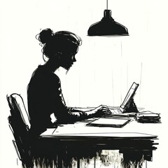 Poster - Woman working at desk, laptop, silhouette