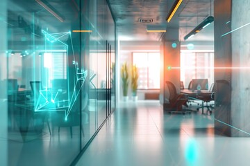 Poster - Modern office hallway with futuristic digital overlay.