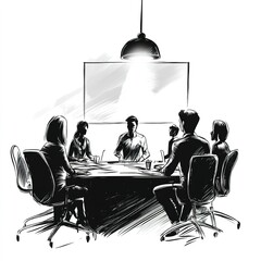 Poster - Team meeting around a table, brainstorming ideas.