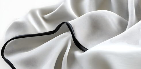 Leinwandbilder - Close-up image of smooth white fabric with a black border, showcasing its texture and soft curves. The fabric drapes elegantly, creating a minimalist and abstract design.