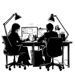 Poster - Two colleagues collaborate at a desk, working on computers and projects.