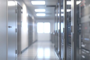Poster - Server room corridor with racks and doors.