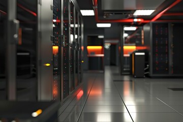 Poster - Modern data center server room with rows of network servers.