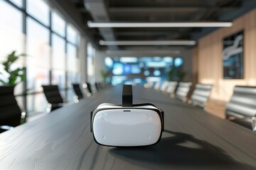 Poster - VR headset on a conference table in a modern office.