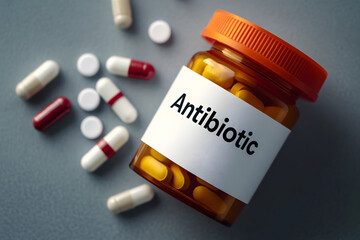 Bottle of antibiotic pills on grey background, top view