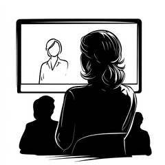 Poster - Online meeting: a woman watches a video conference with colleagues.