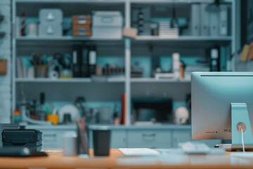 Poster - Modern office workspace with computer and organized shelves.