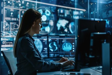 Poster - Woman monitoring data on multiple screens.