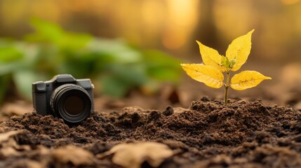 Canvas Print - A camera rests in the soil beside a young plant with yellow leaves, symbolizing the connection between nature and photography, Ideal for themes of growth, sustainability, and environmental awareness,