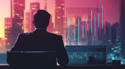 Poster - Businessman analyzes stock market data at night in a city office.